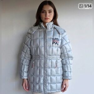 U.S. Polo Assn. Silver Puffer Jacket with Hood and Quilted Design Like New